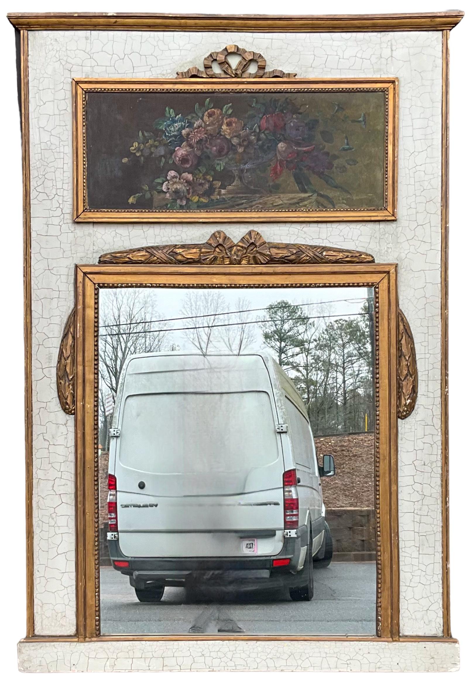 1950s French Trumeau Mirror W/ Floral Oil On Canvas Painting & Giltwood Accents In Good Condition For Sale In Kennesaw, GA