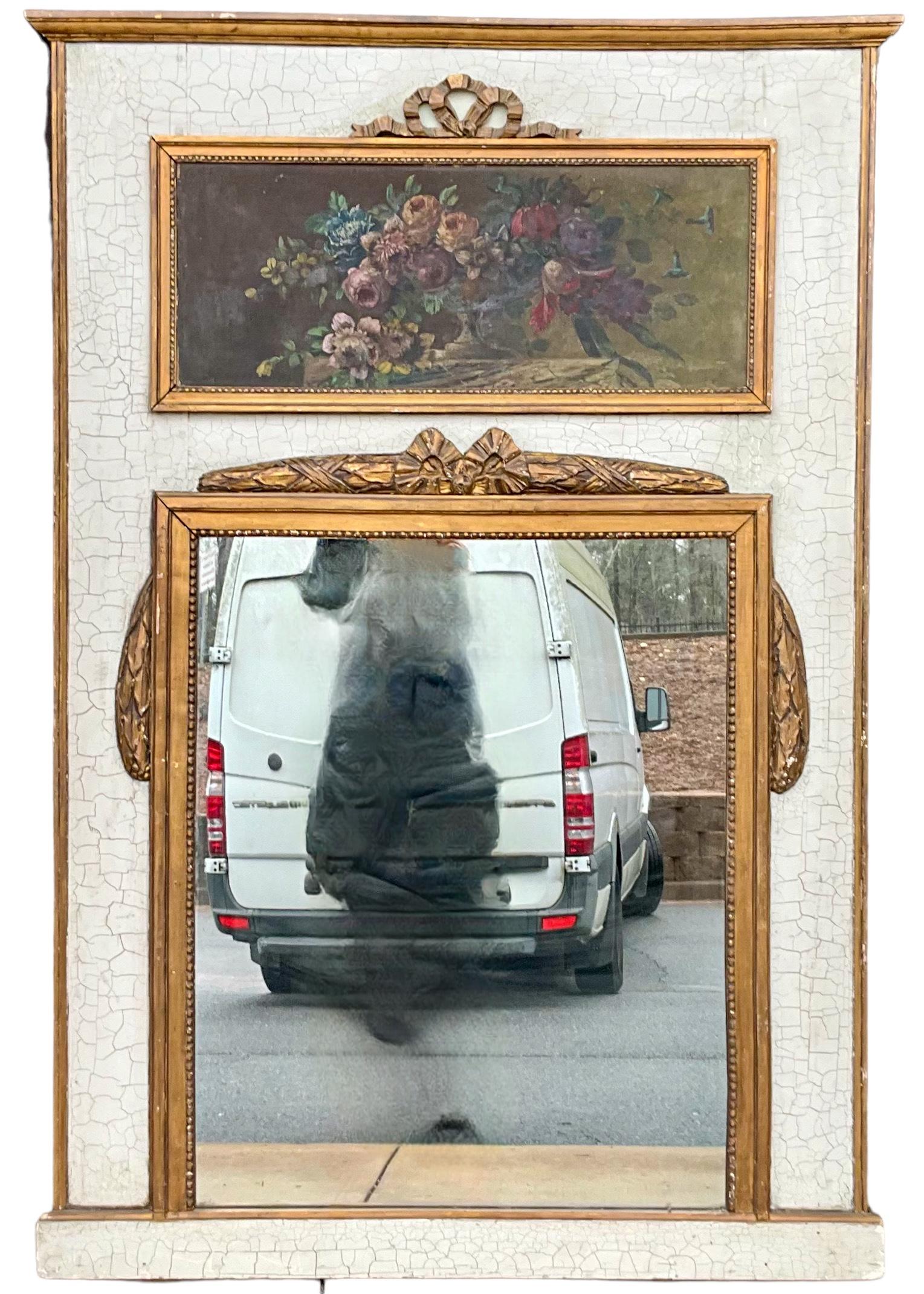 20th Century 1950s French Trumeau Mirror W/ Floral Oil On Canvas Painting & Giltwood Accents For Sale