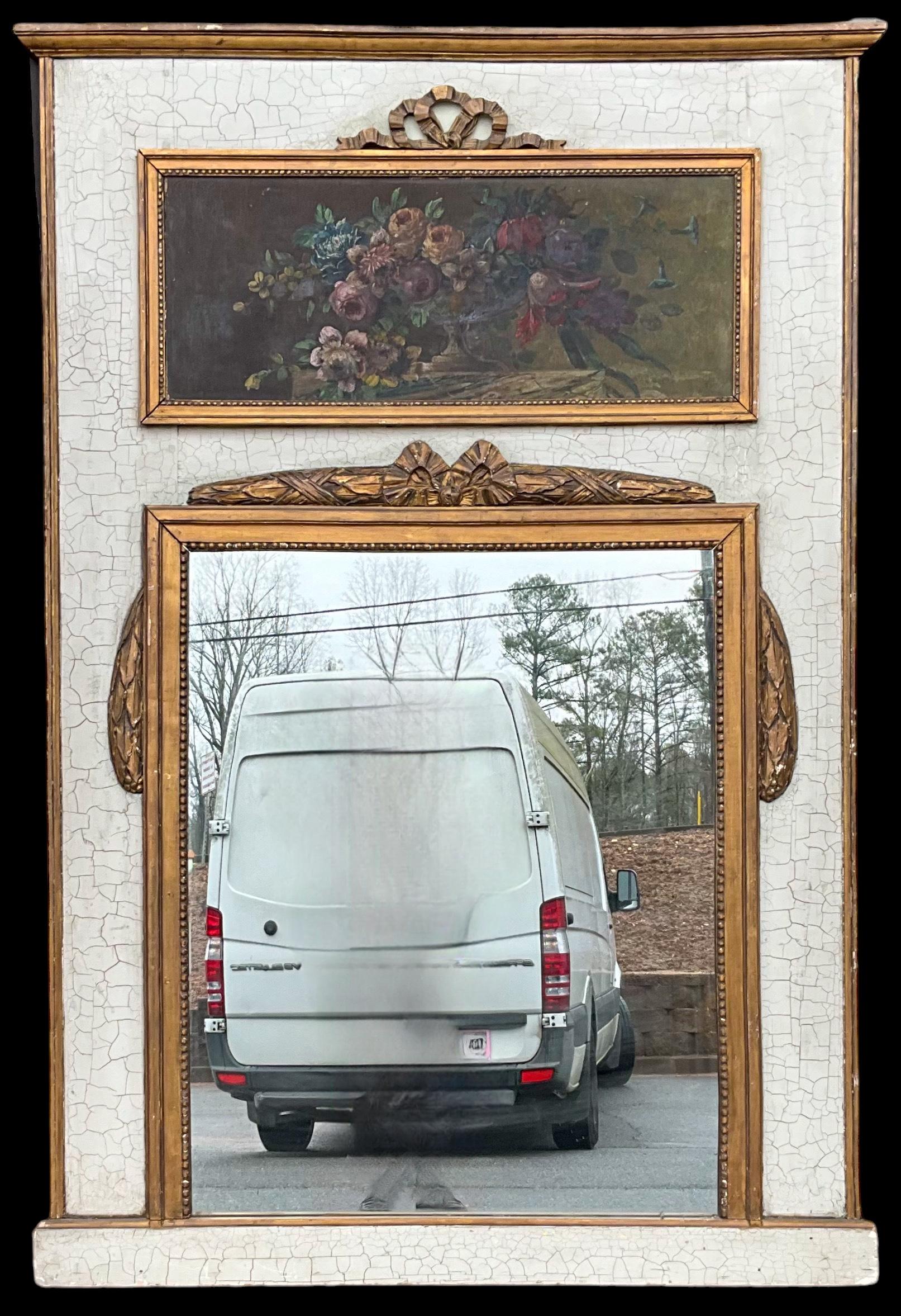 1950s French Trumeau Mirror W/ Floral Oil On Canvas Painting & Giltwood Accents For Sale 2