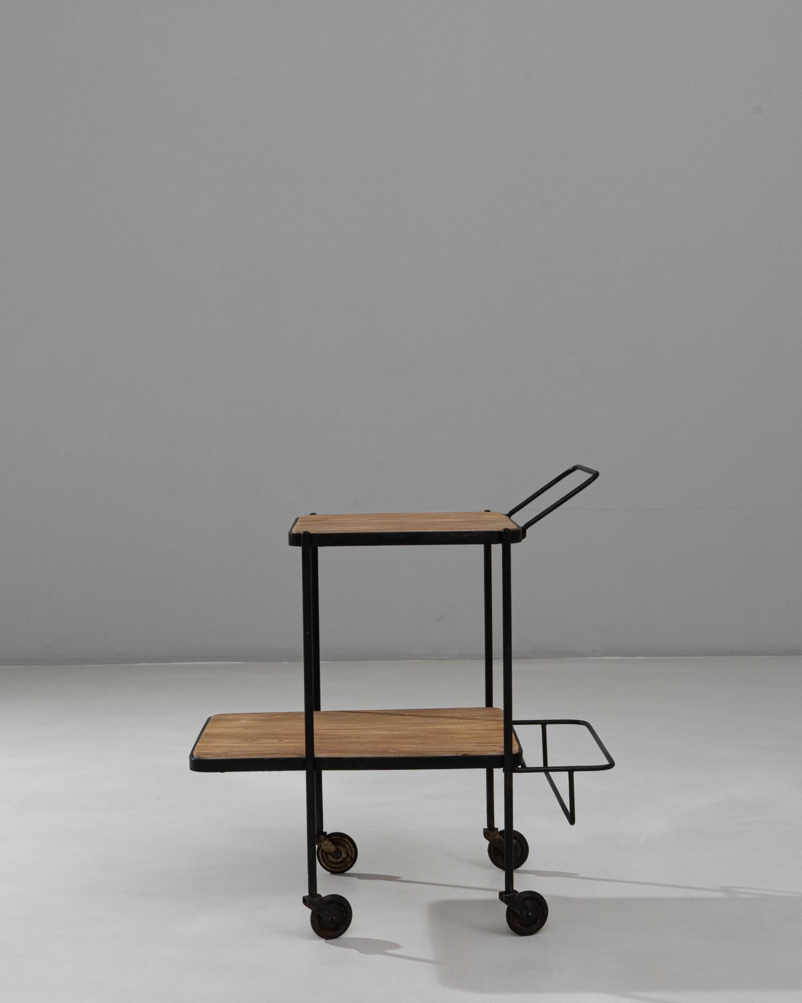 20th Century 1950s French Two-Tier Metal and Wood Bar Cart With Bottle Holder For Sale