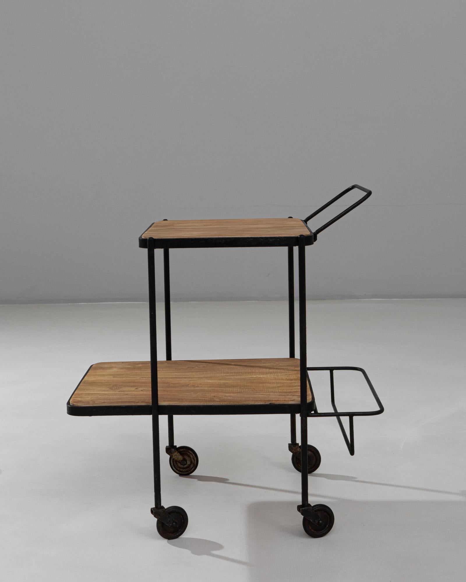 1950s French Two-Tier Metal and Wood Bar Cart With Bottle Holder For Sale 1