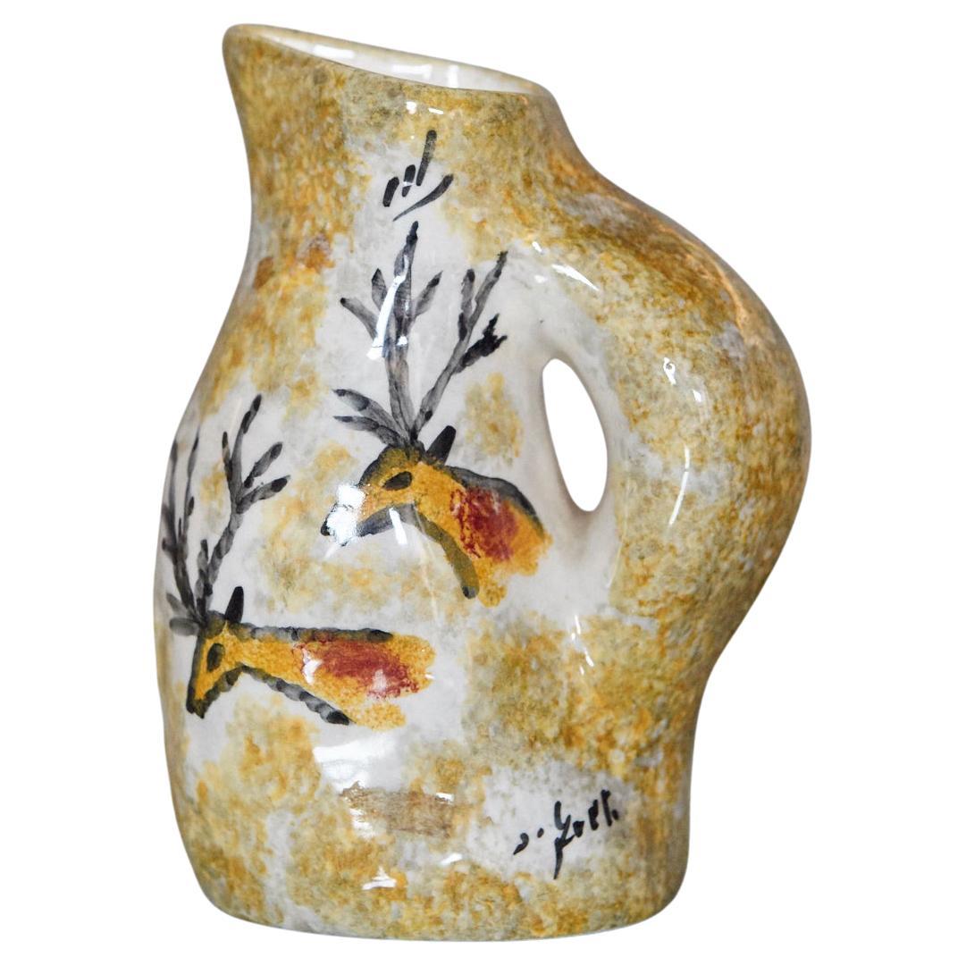 Vase en céramique de style Vallauris des années 1950 avec motif de cerf