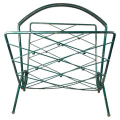 1950s French Vintage Magazine Rack Green Metallic Style After Jean Royère