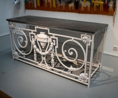 1950s French White Iron Console Buffet Table w/ Black Marble Top
