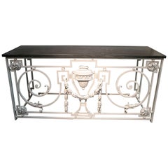 1950s French White Iron Console Buffet Table w/ Black Marble Top