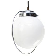 1950s French White Opaline Globe Nickel Plated Pendant Lamp
