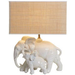 Vintage 1950s French White Pottery Elephant Lamp with Custom Lampshade
