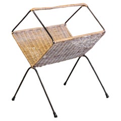 1950s French Wicker and Iron Magazine Rack