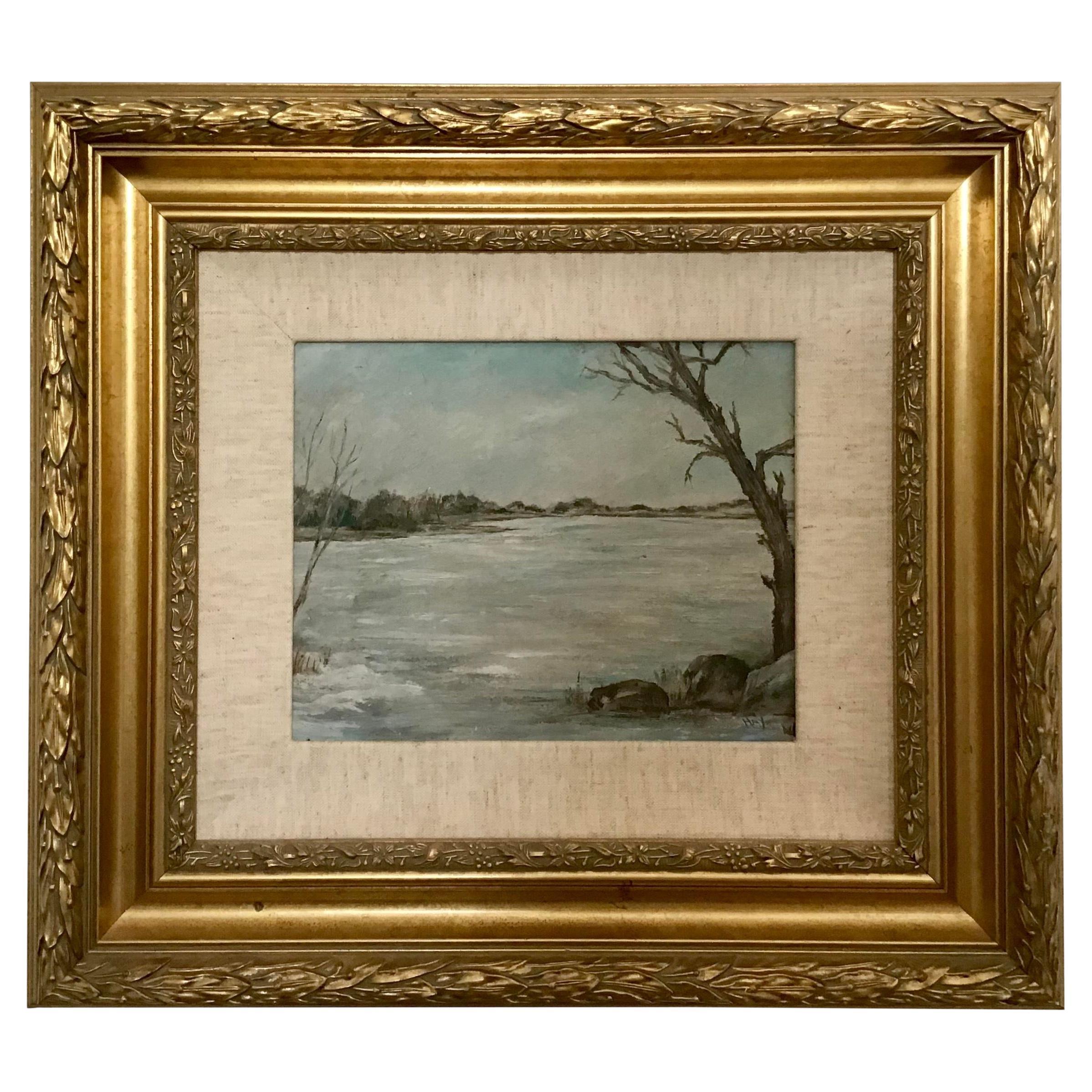 Peinture de paysage française de l'hiver des années 1950 en vente