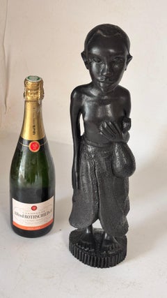 1950s French Wooden Female Sculpture – Expressive Carved Figure with Draped Skir