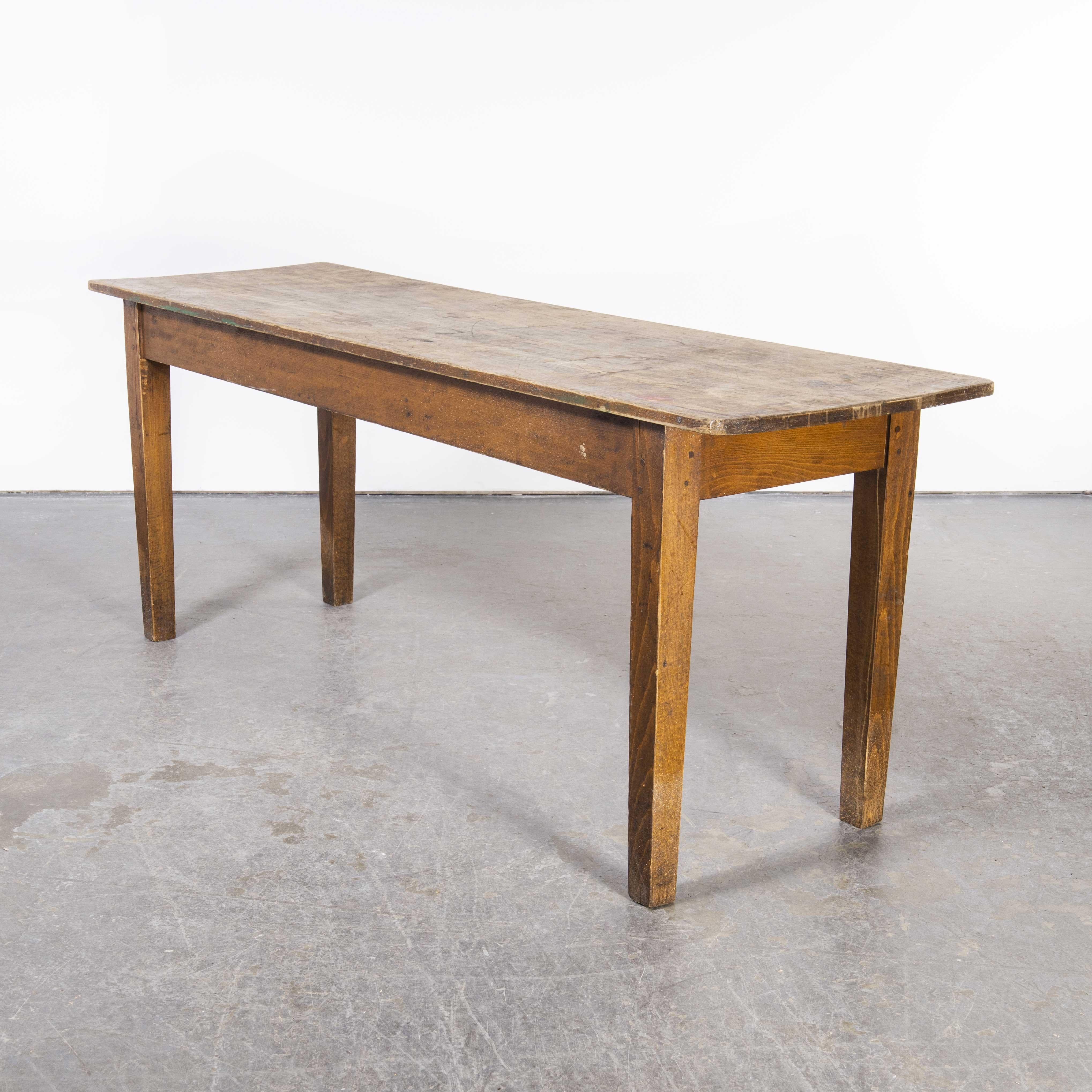 1950’s French workshop rectangular dining table
1950’s French workshop rectangular dining table. Sourced outside Lyon this is a good honest pine French workshop – dining table. Well made with a solid pine planked top and heavy weight legs and sub