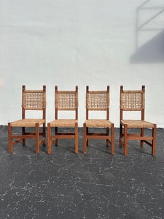 1950s French Woven Cord Audoux-Minet Style Dining Chairs, Set of 4