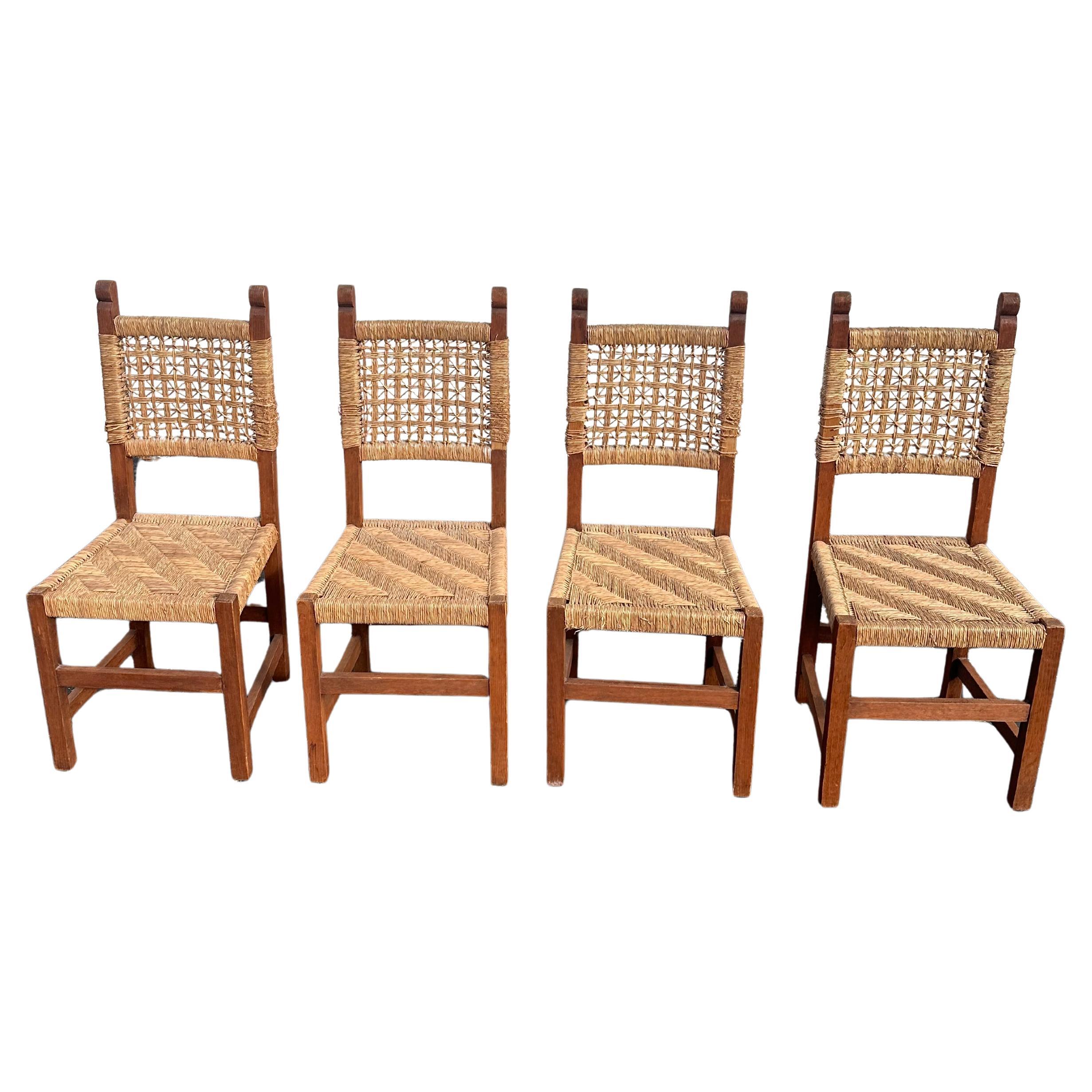1950s French Woven Cord Audoux-Minet Style Dining Chairs, Set of 4 For Sale
