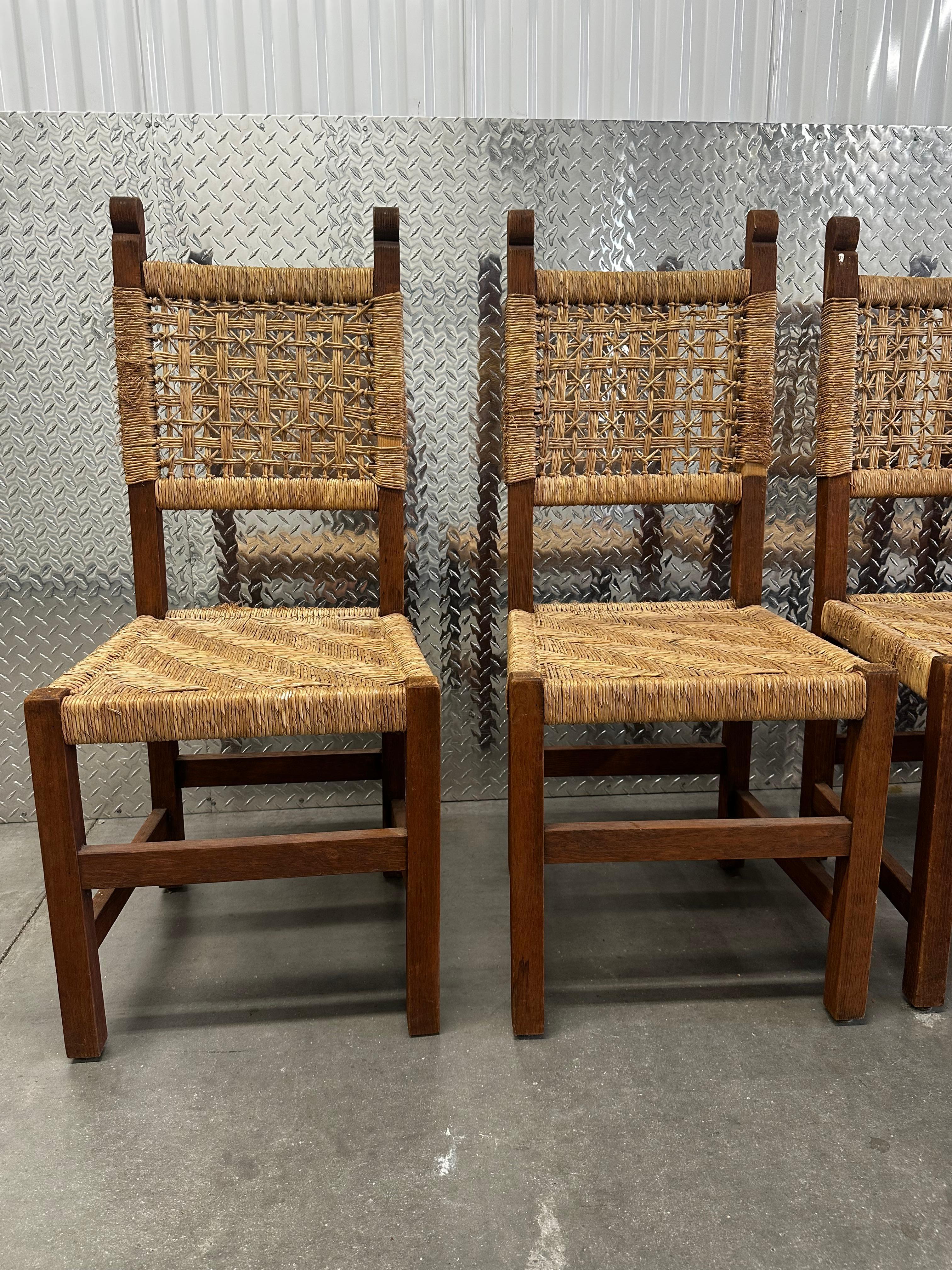 Spago Sedie da pranzo francesi degli anni '50 in stile Audoux-Minet, set di 8 sedie in corda intrecciata in vendita