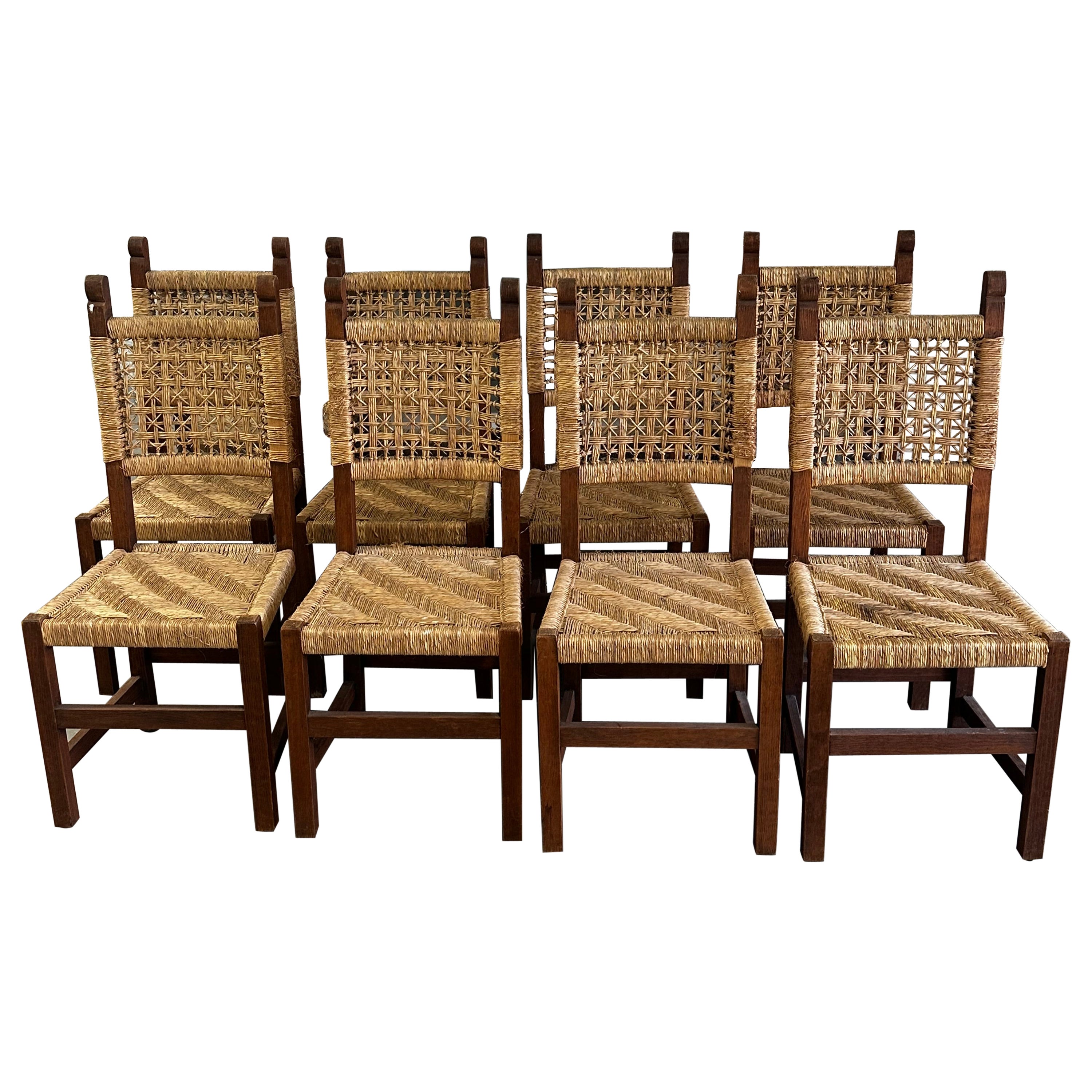 1950s French Woven Cord Audoux-Minet Style Dining Chairs, Set of 8