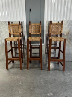 1950er Jahre Französisch gewebte Corde Audoux-Minet Stil schlanke Hocker, Satz von 3