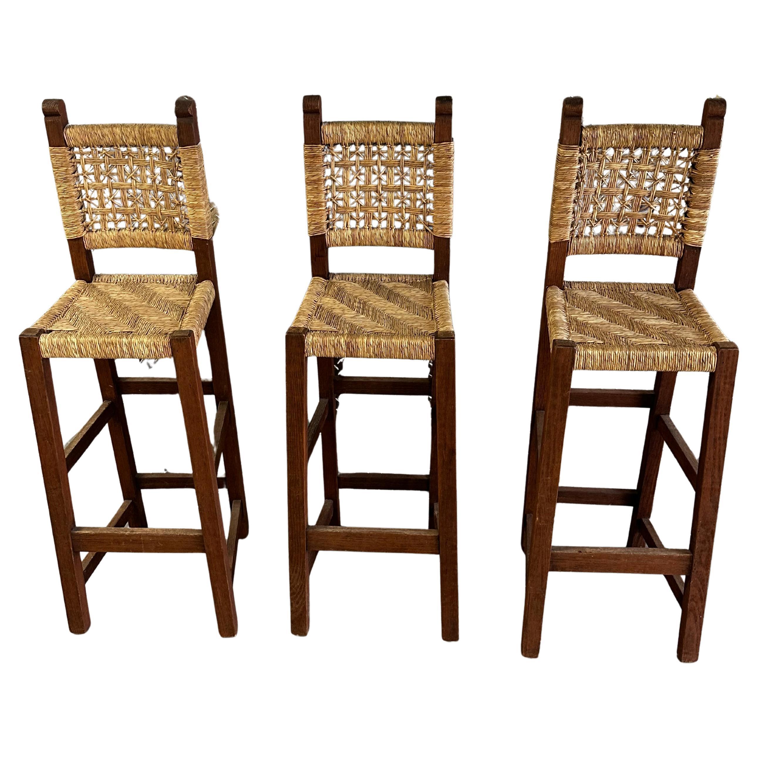 Sgabelli francesi anni '50 in stile Audoux-Minet in Corde intrecciate, Set di 3