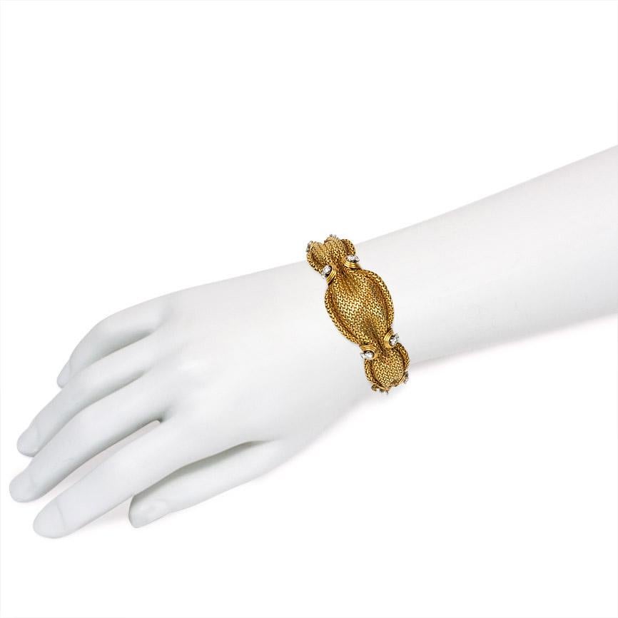 Modern 1950s French Woven Gold Bracelet with Diamond Accents For Sale