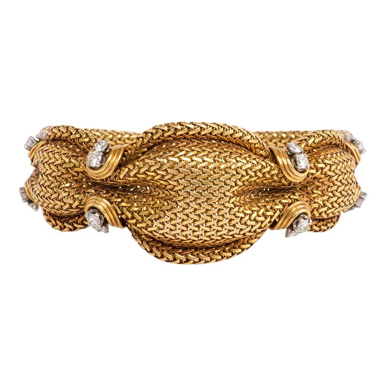 1950s French Woven Gold Bracelet with Diamond Accents For Sale