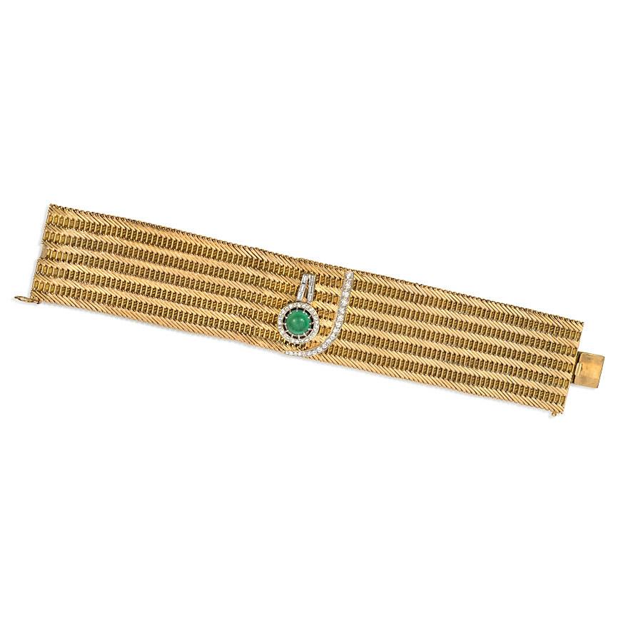 A woven gold bracelet in the form of a fastened cuff with diamond detailing and a turquoise button with a diamond surround, in 18k and platinum.  France.  Atw 1.00 ct. diamonds.  In pristine condition