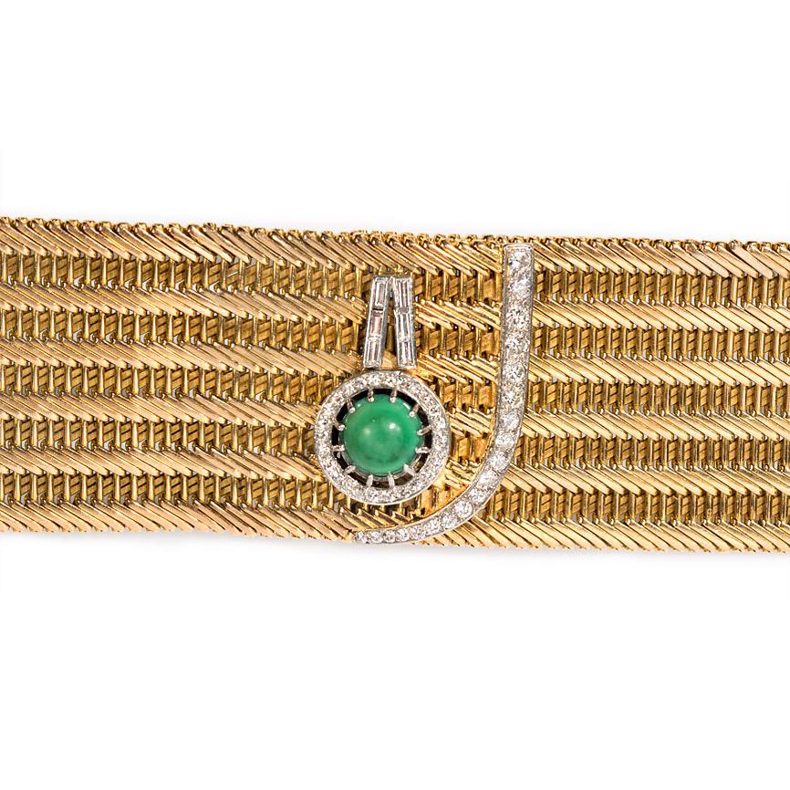 1950s French Woven Gold Bracelet with Turquoise and Diamond 