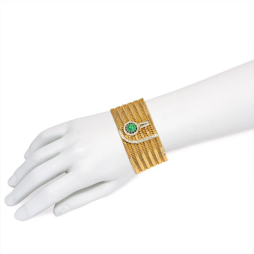 Women's or Men's 1950s French Woven Gold Bracelet with Turquoise and Diamond 