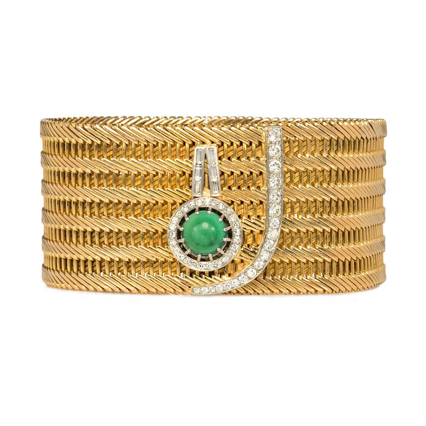 1950s French Woven Gold Bracelet with Turquoise and Diamond "Cuff Button"