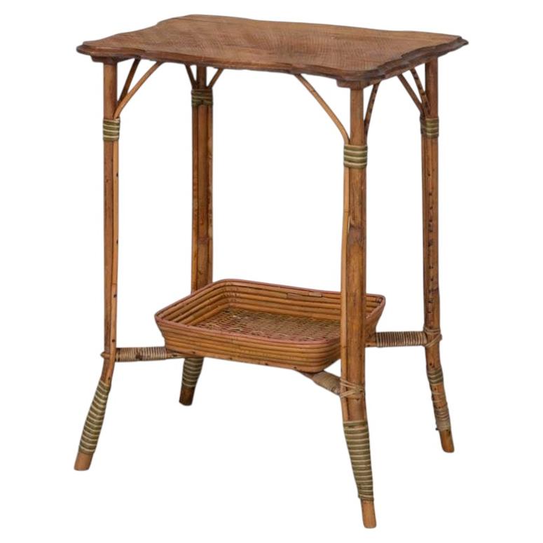 1950s French Woven Wicker and Wood Table