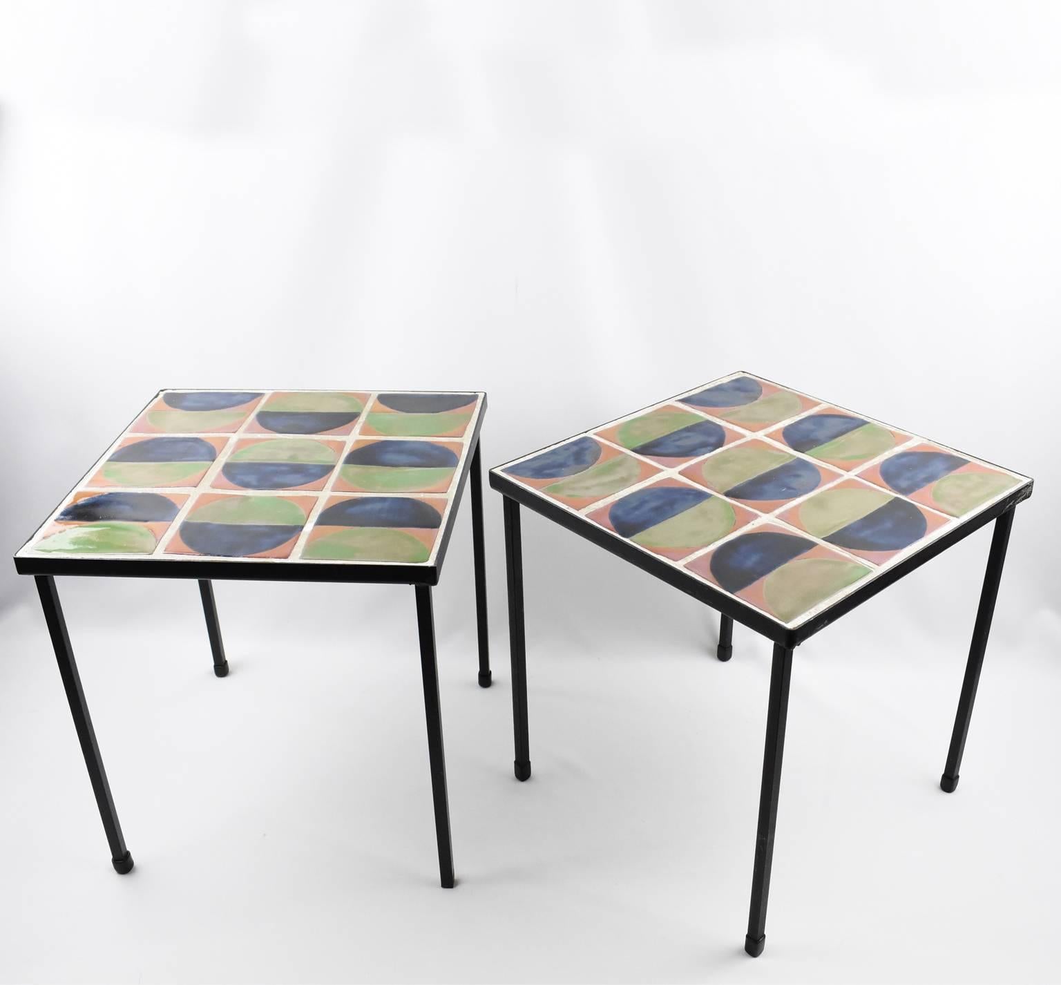 1950s French Wrought Iron and Ceramic Tile Side or Coffee Table, a Pair 6