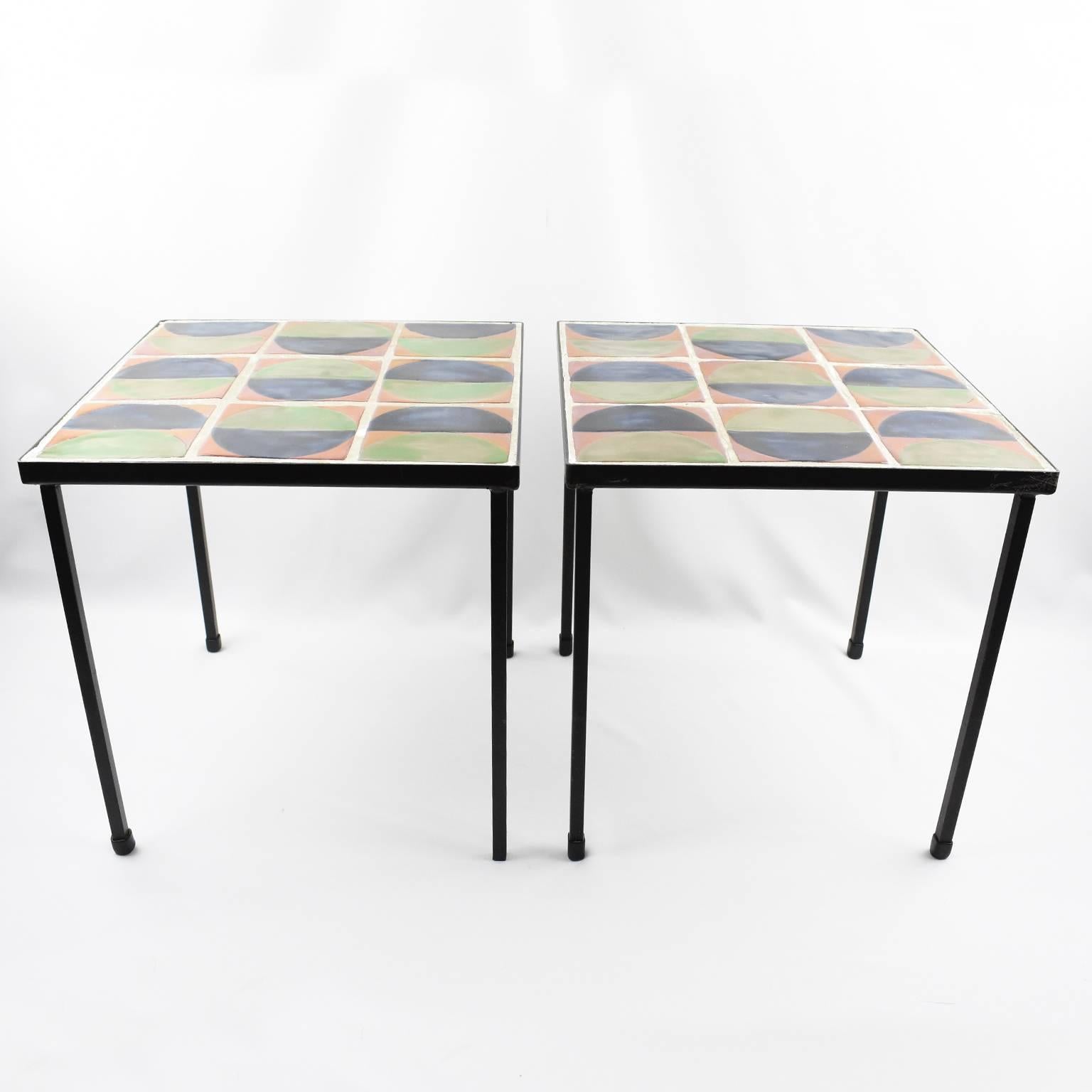 1950s French Wrought Iron and Ceramic Tile Side or Coffee Table, a Pair 2