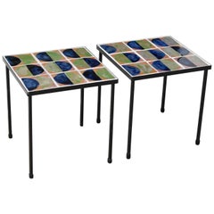 1950s French Wrought Iron and Ceramic Tile Side or Coffee Table, a Pair