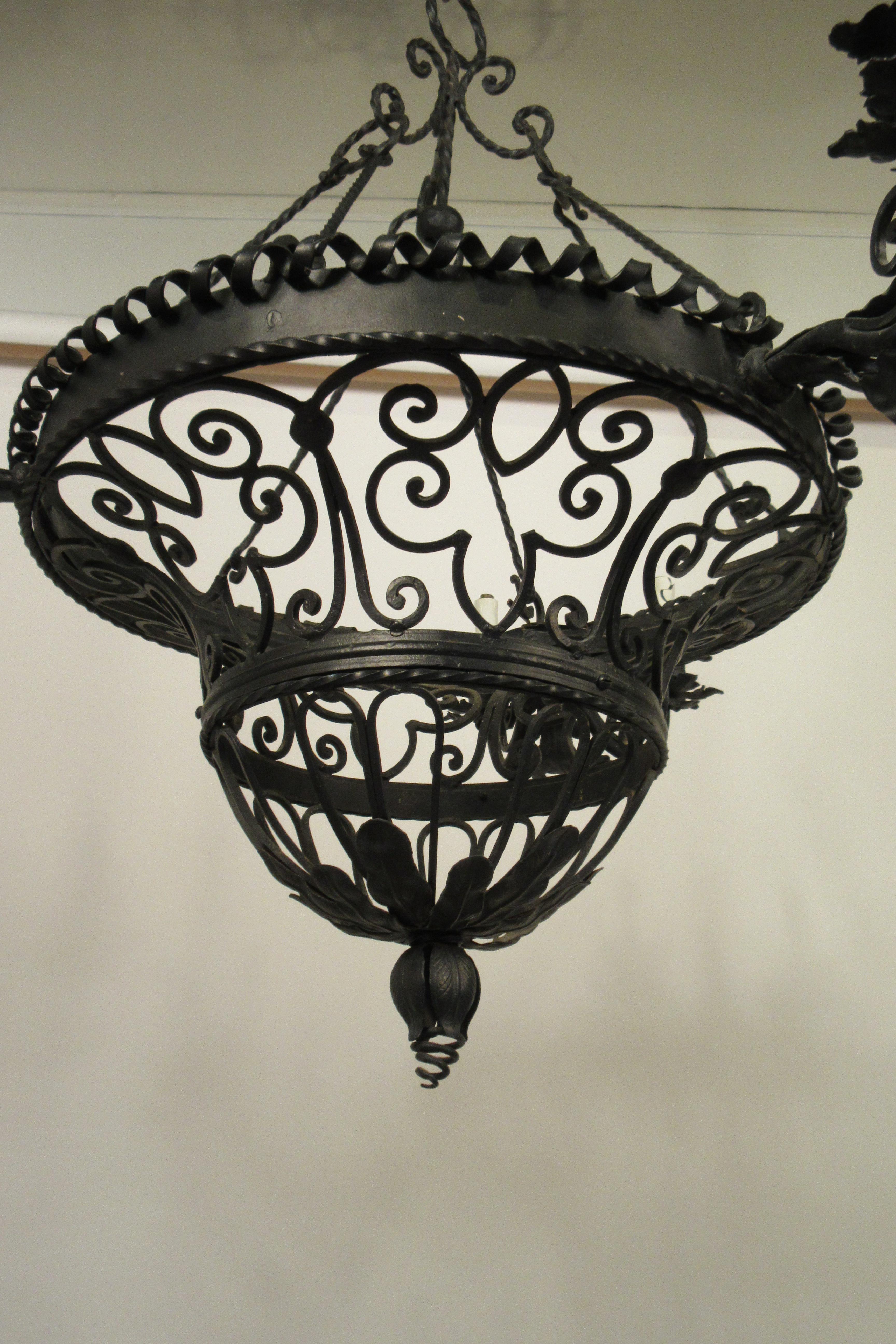 1950s French Wrought Iron Basket Chandelier For Sale 6
