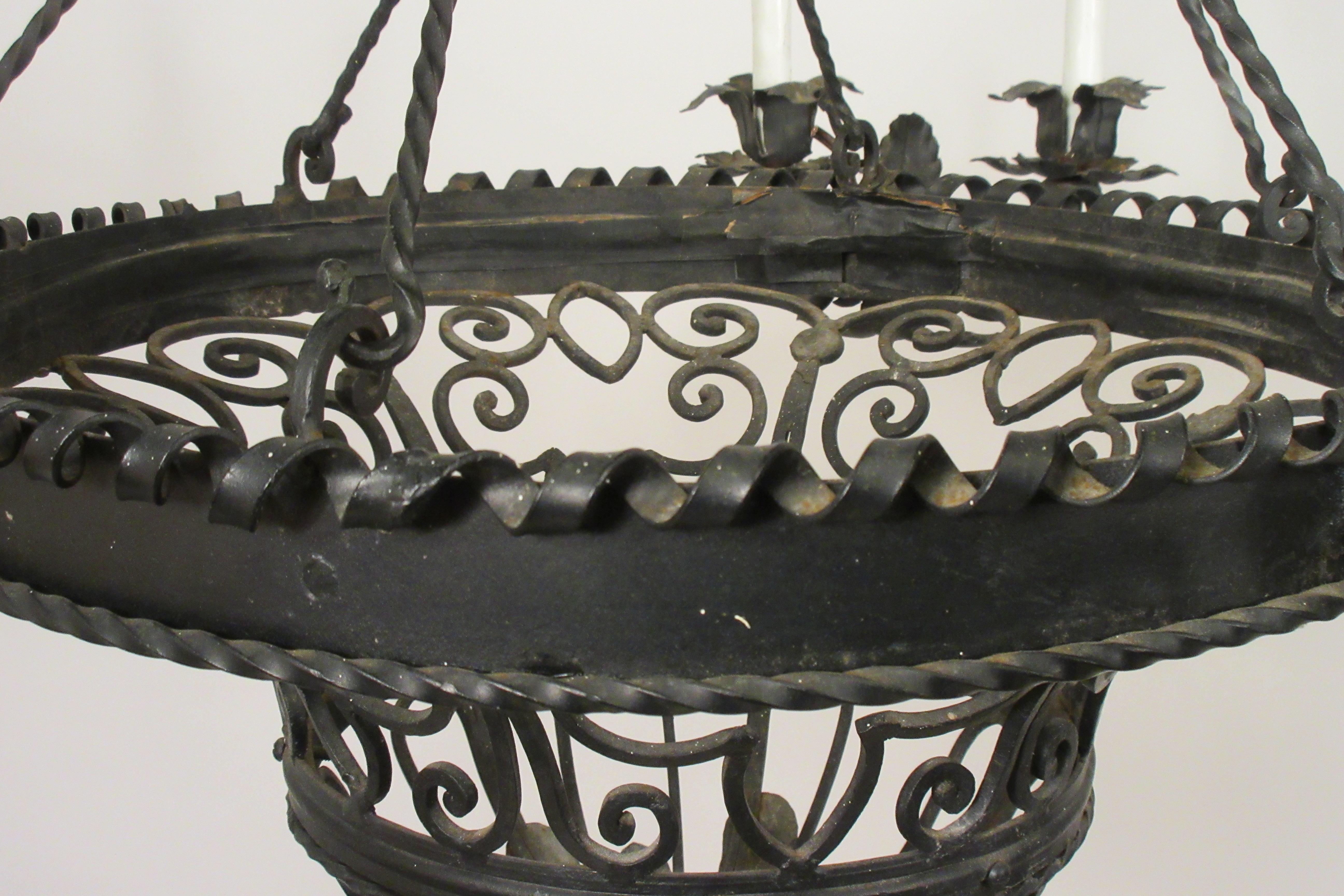 1950s French Wrought Iron Basket Chandelier For Sale 7