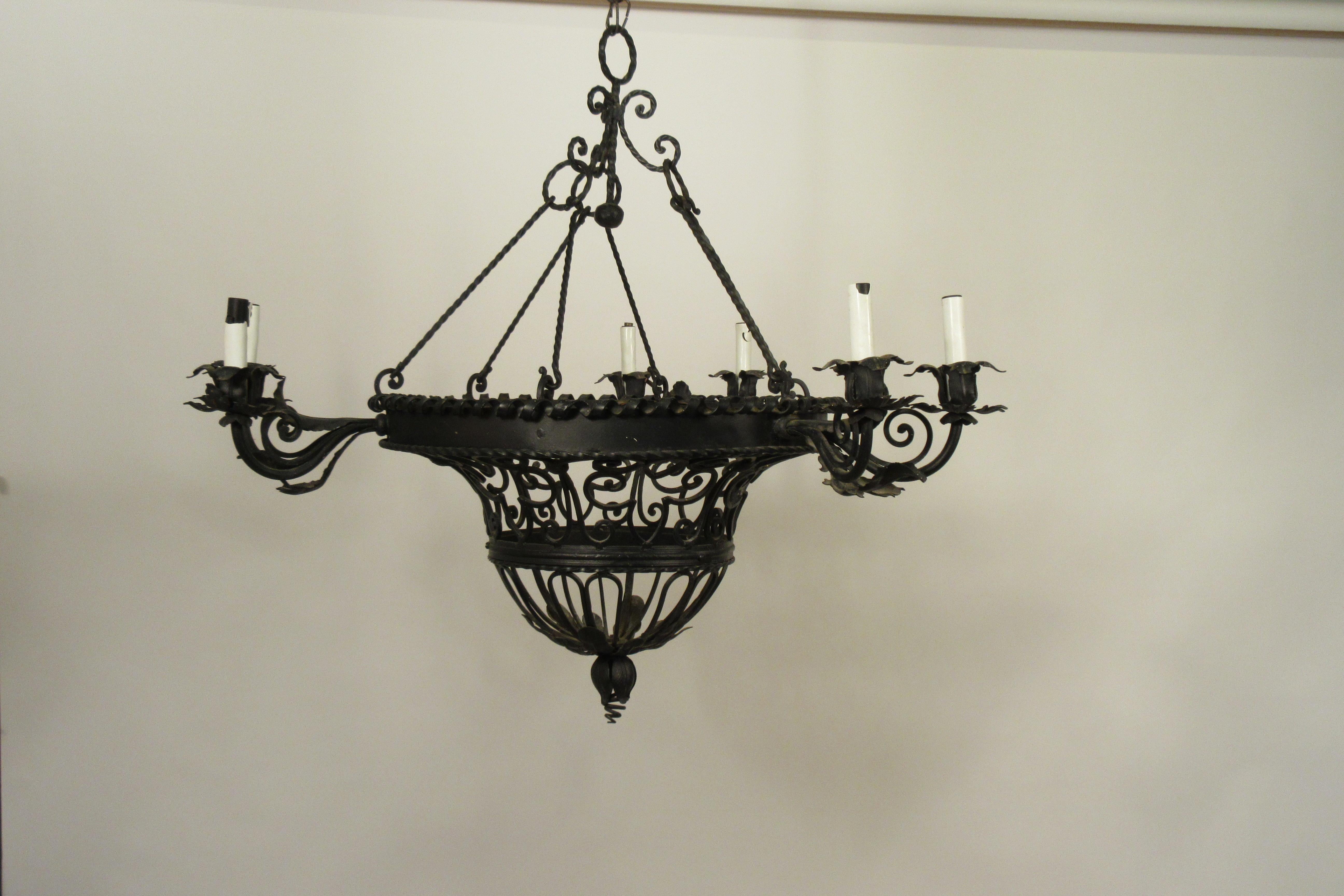 1950s French wrought iron basket chandelier.