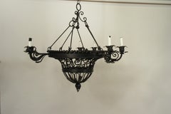 1950s French Wrought Iron Basket Chandelier