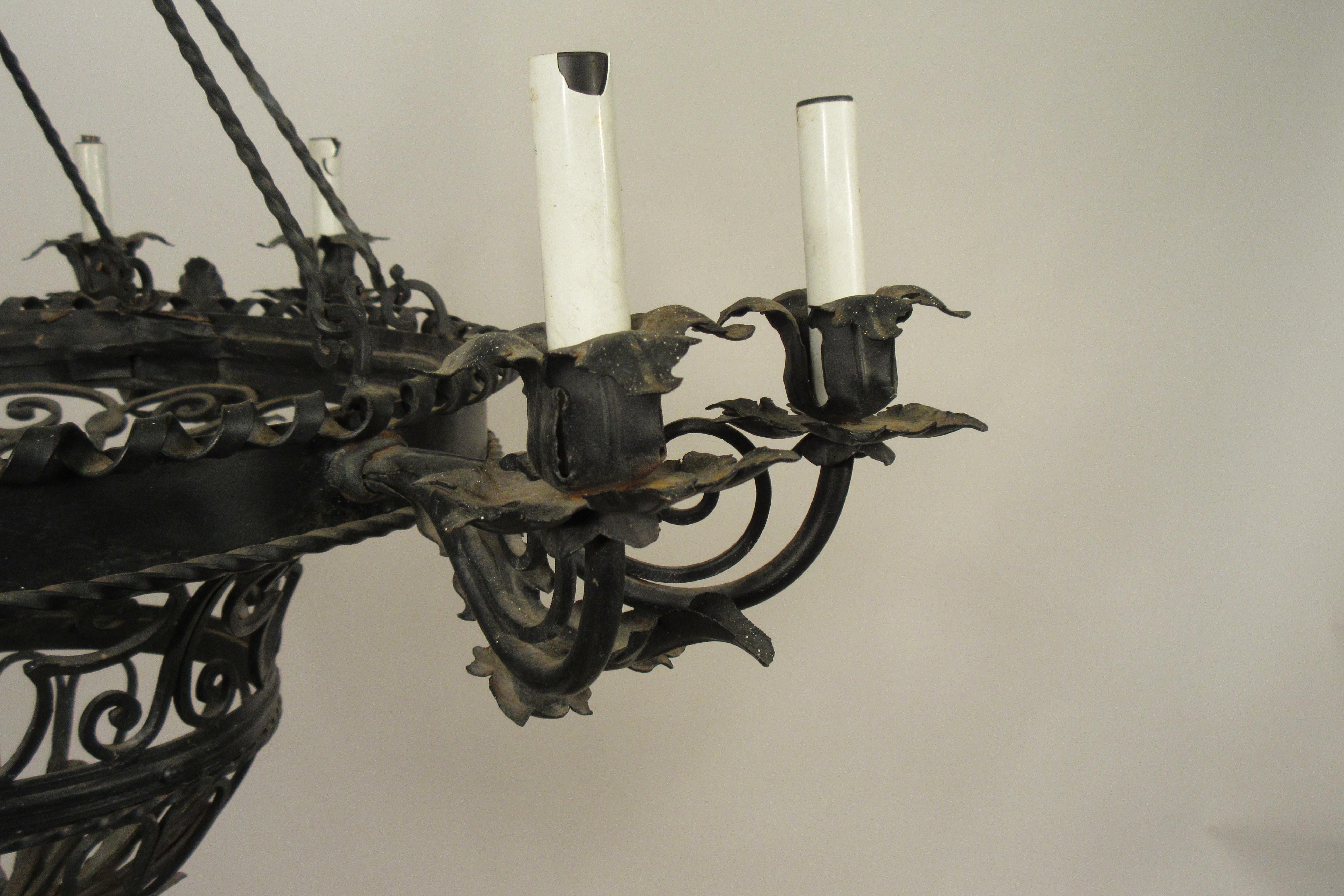 Mid-20th Century 1950s French Wrought Iron Basket Chandelier For Sale