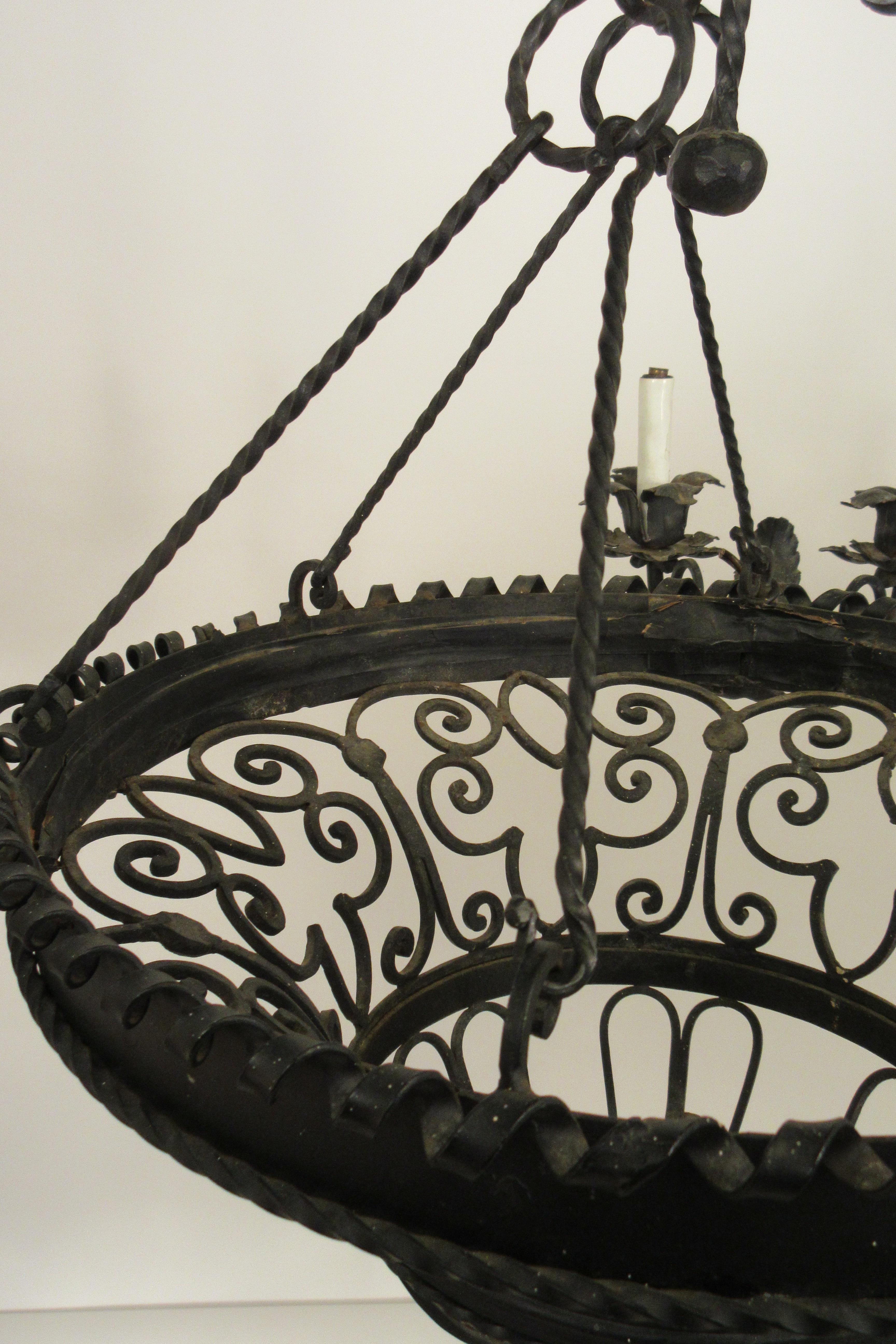 1950s French Wrought Iron Basket Chandelier For Sale 1