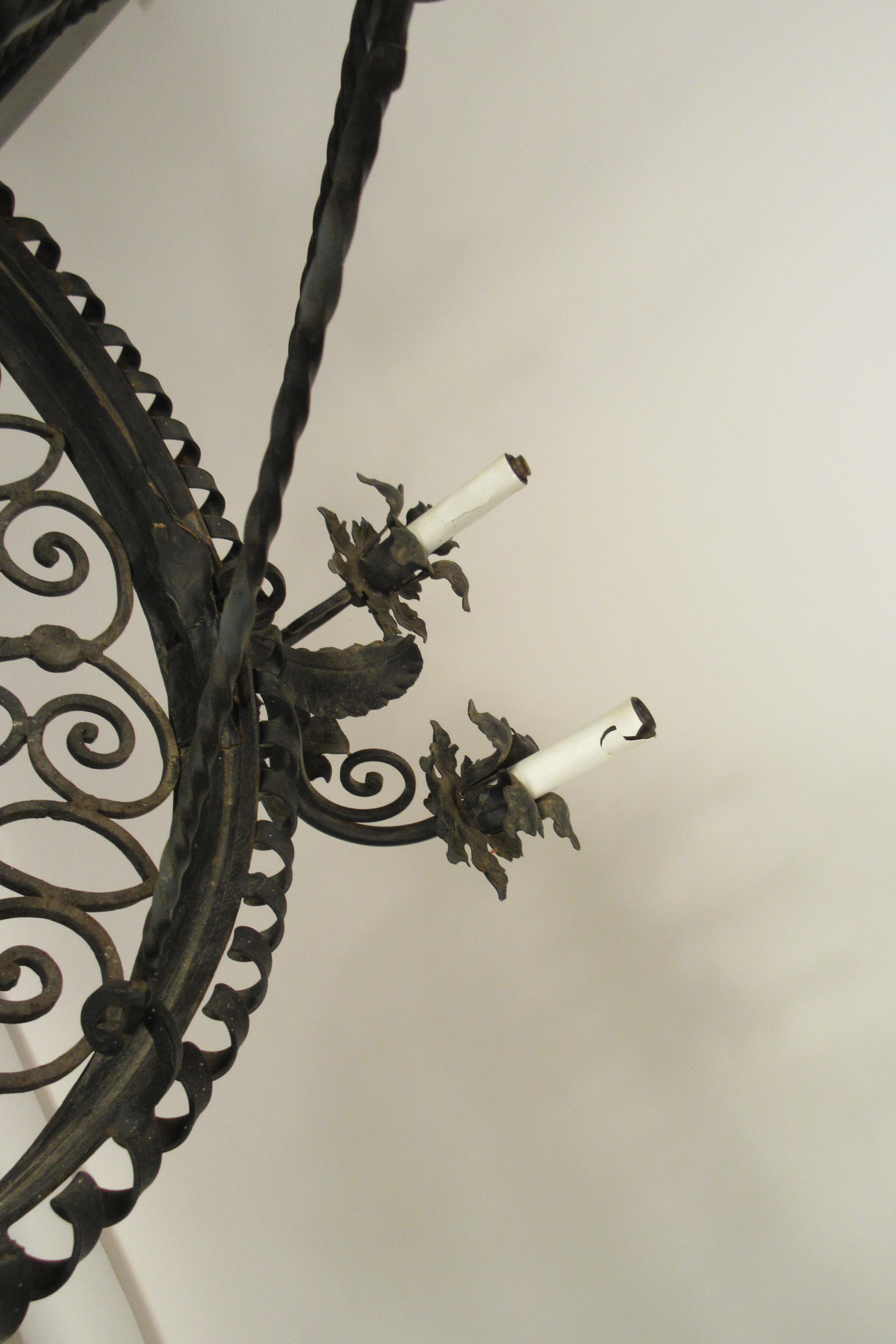 1950s French Wrought Iron Basket Chandelier For Sale 2