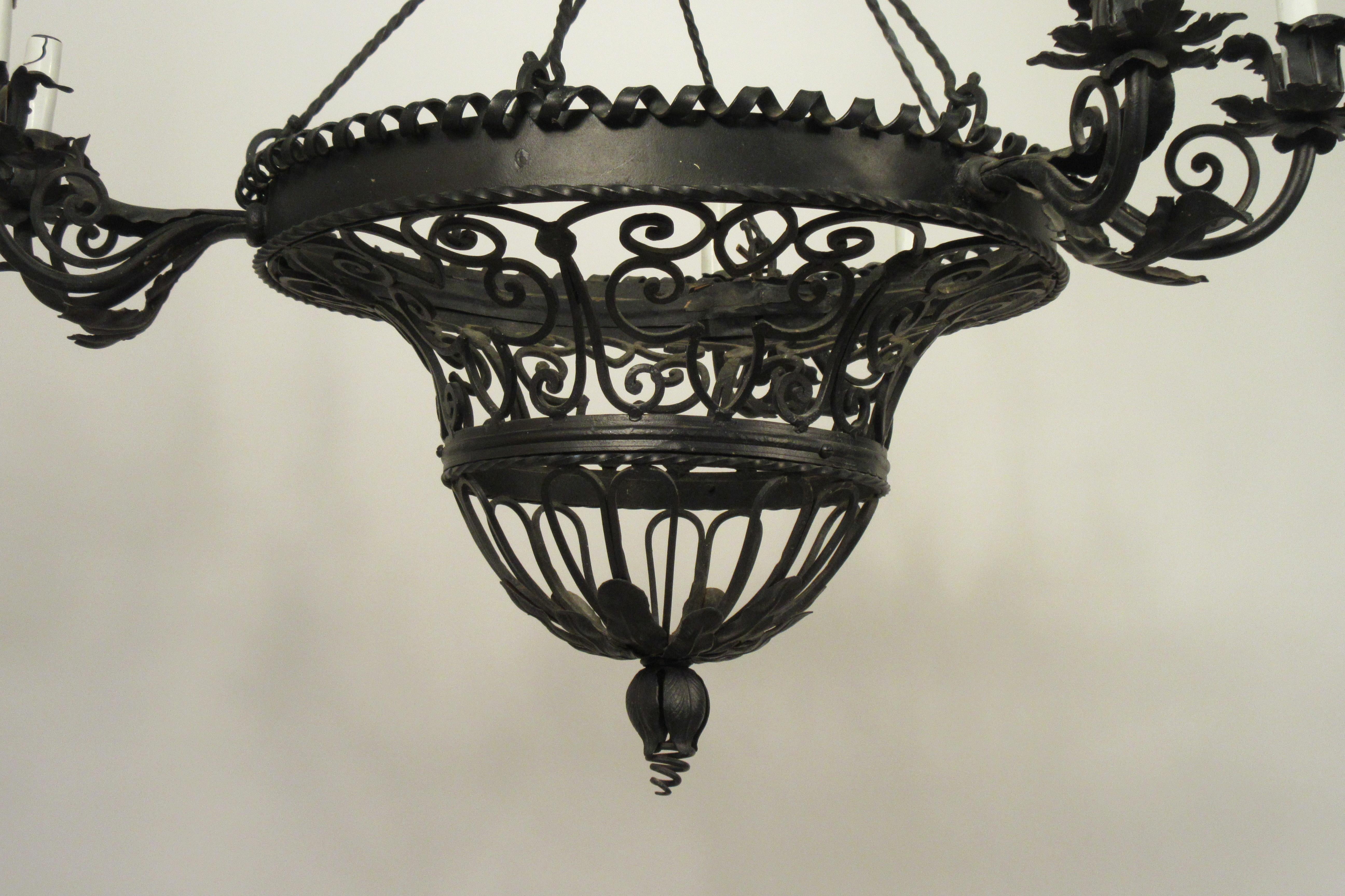 1950s French Wrought Iron Basket Chandelier For Sale 3