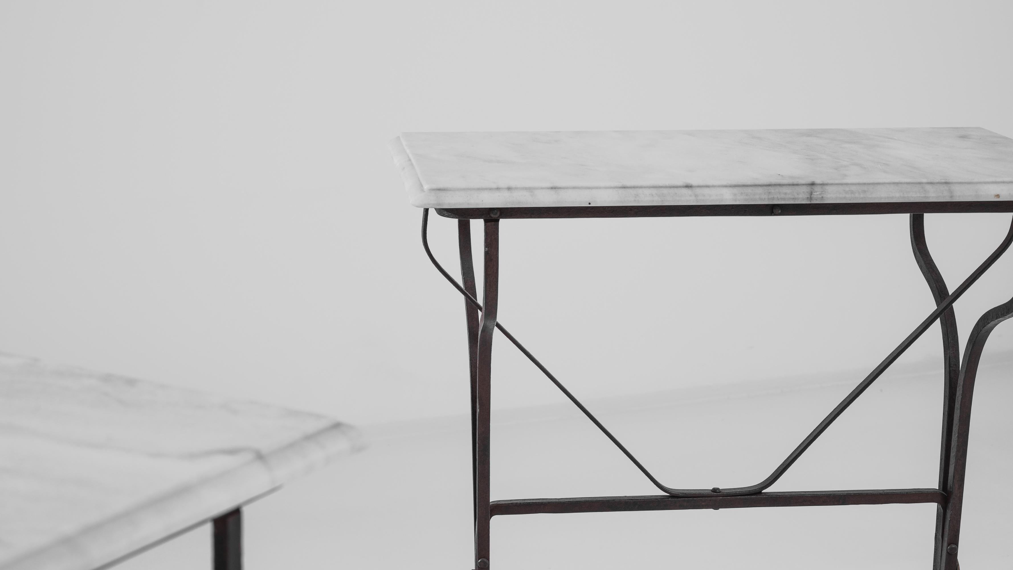 1950s French Wrought Iron Console Tables with Marble Tops, A Pair In Good Condition In High Point, NC