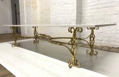 1950s French Wrought Iron Gold Coffee Table with Quartz Top