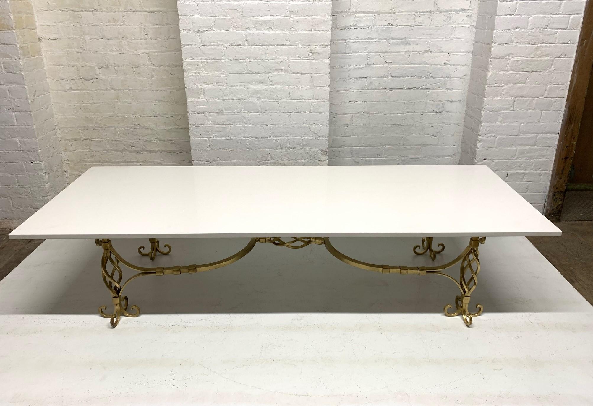 1950s French Wrought Iron Gold Coffee Table with Quartz Top In Good Condition For Sale In New York, NY