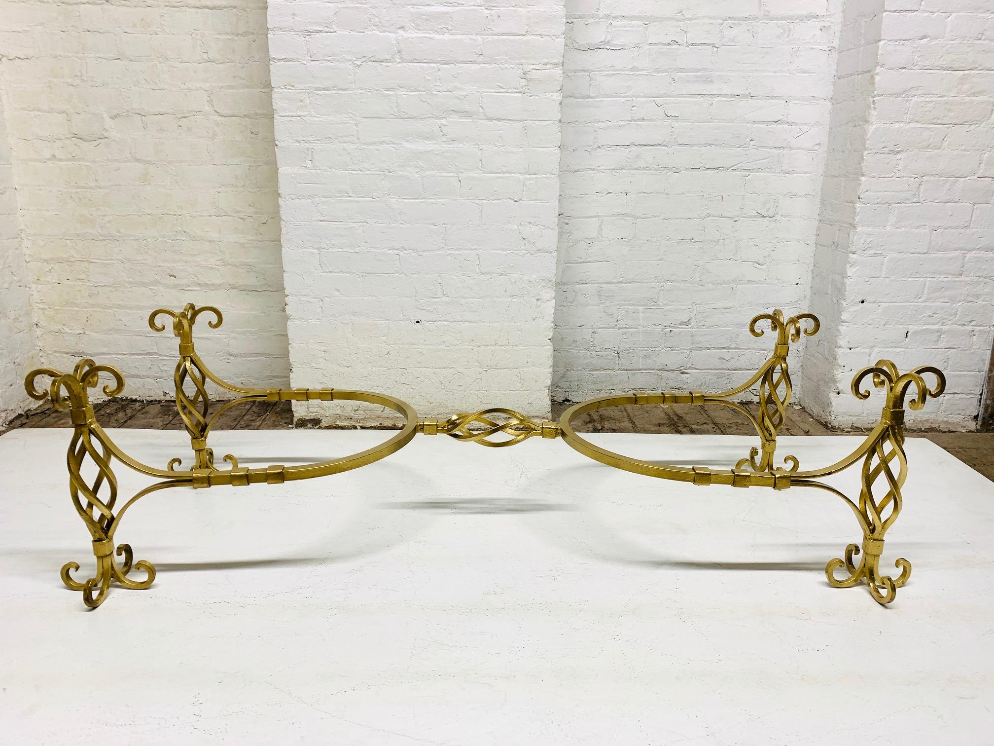 1950s French Wrought Iron Gold Coffee Table with Quartz Top For Sale 1