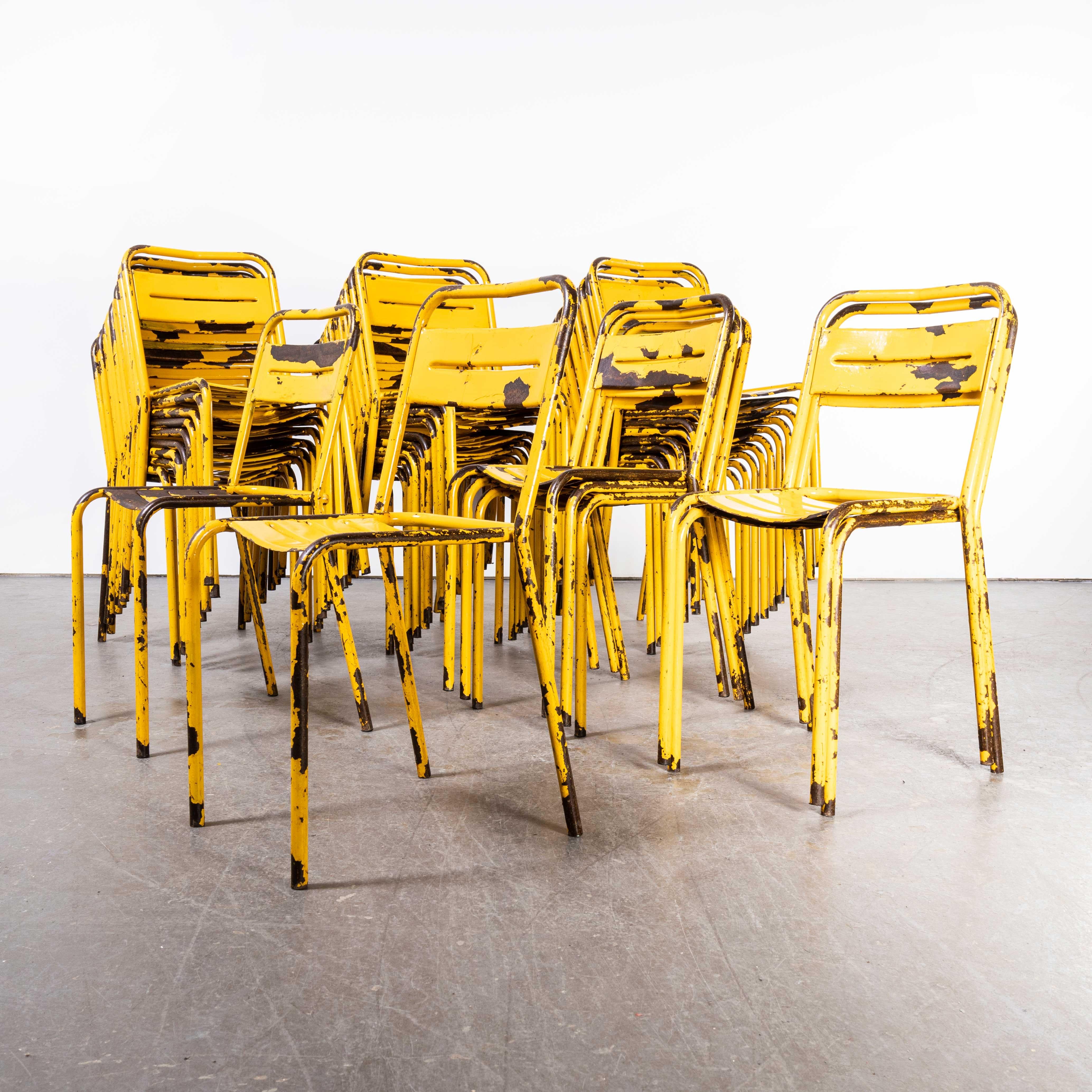 1950’s French yellow metal outdoor dining chairs – good quantities available
1950’s French yellow metal outdoor dining chairs – good quantities available. Similar to Tolix but not made by Tolix, these chairs were industrially produced in France in