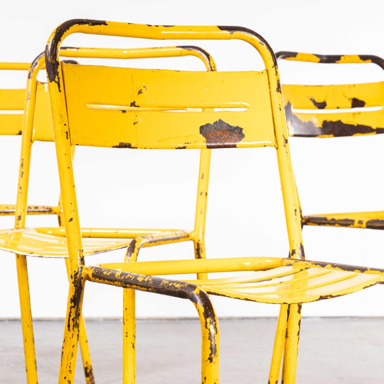 1950's, French Yellow Metal Outdoor Dining Chairs, Set of Six For Sale
