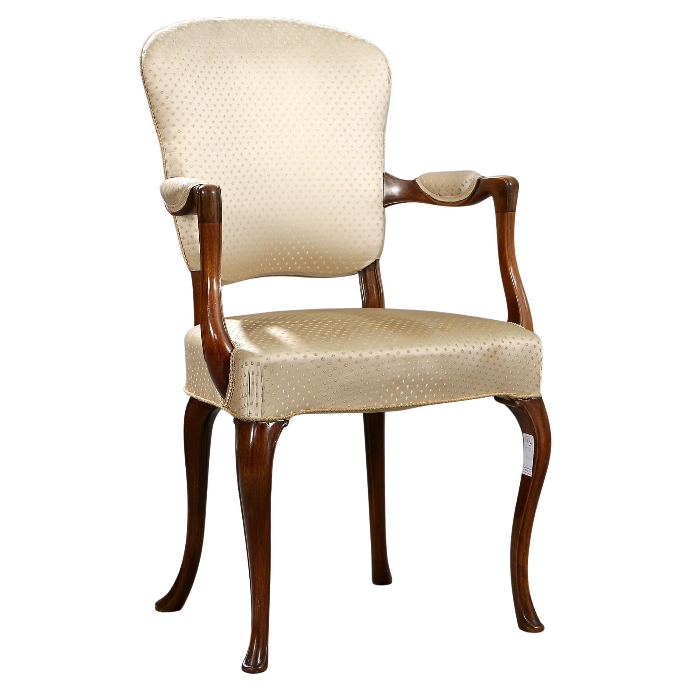1950s Frits Henningsen Armchair with carved frame and light fabric upholstery