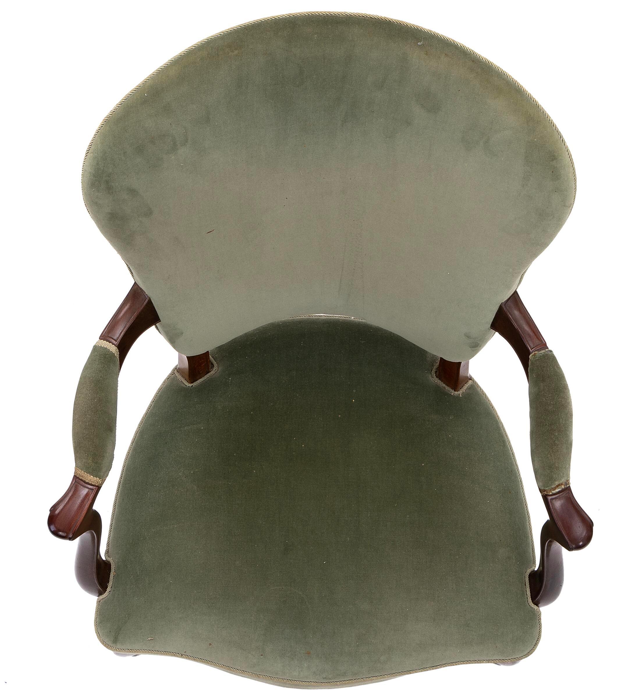 1950s Frits Henningsen Pair of Mahogany Stained Beech Armchairs with green velour fabric and gold coloured piping and edging. Reupholstered circa. 1990. Edging missing on one armrest (see picture).