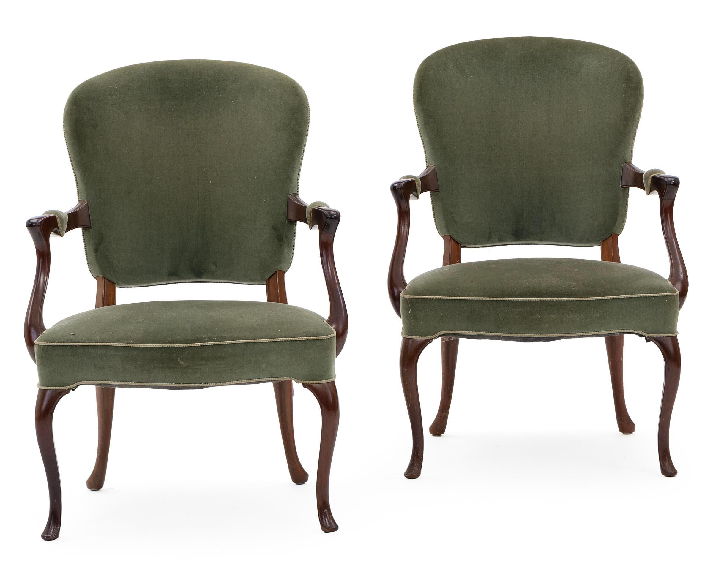 Danish 1950s Frits Henningsen Pair of Hardwood Beech Armchairs with Green Velour For Sale