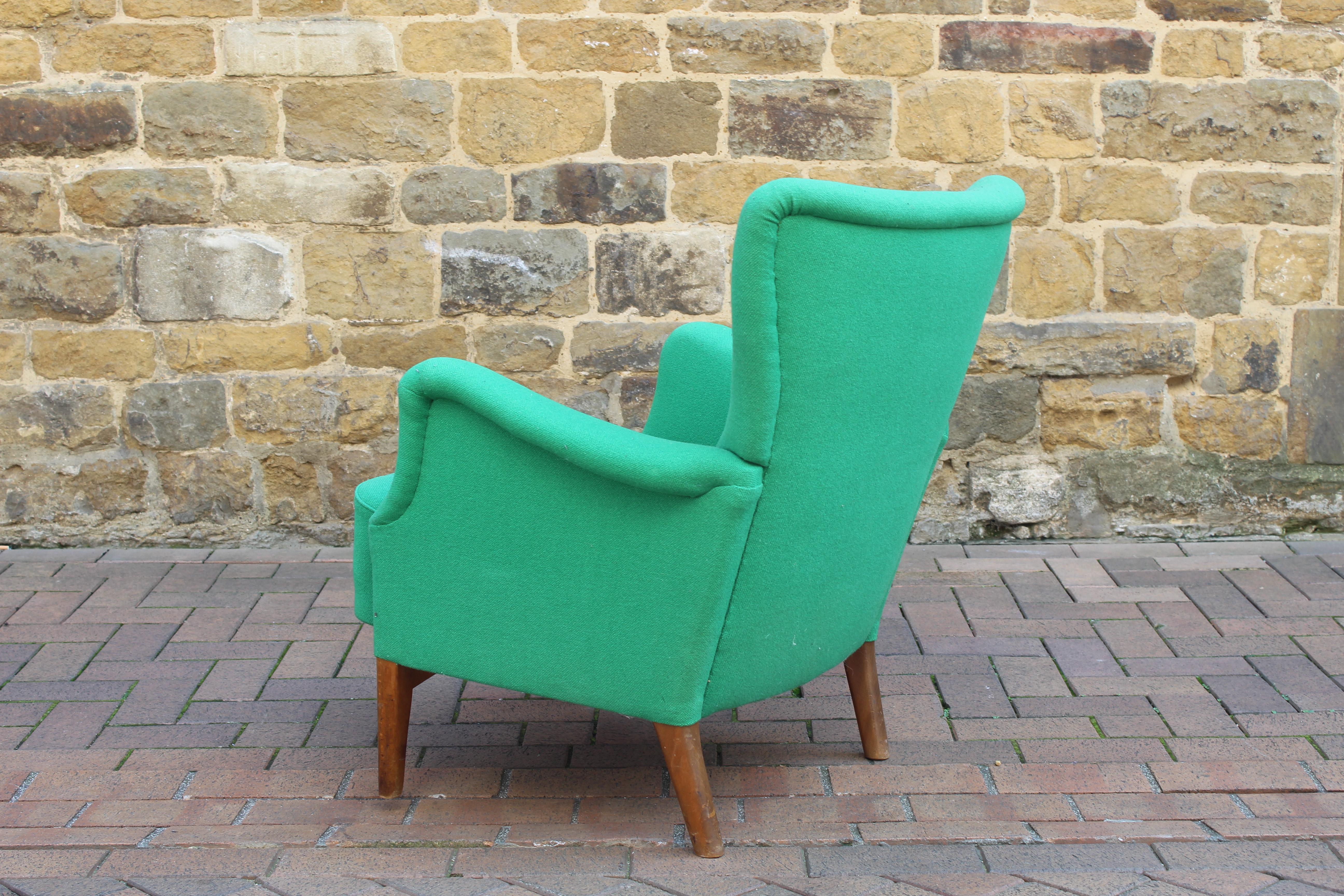 20th Century 1950s Fritz Hansen Green Button Upholstered Wingback Lounge Armchair Footstool
