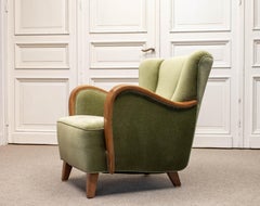 1950s Fritz Hansen Style Lounge Chair In Green Velvet With Oak Armrests. Denmark